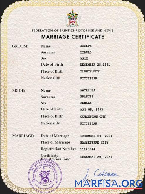 Downloadable Saint Kitts and Nevis marriage certificate PSD template